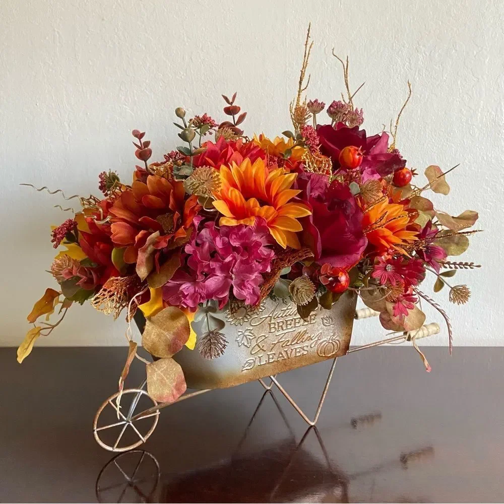Faux Floral Bouquet In Garden Cart With Pink Roses